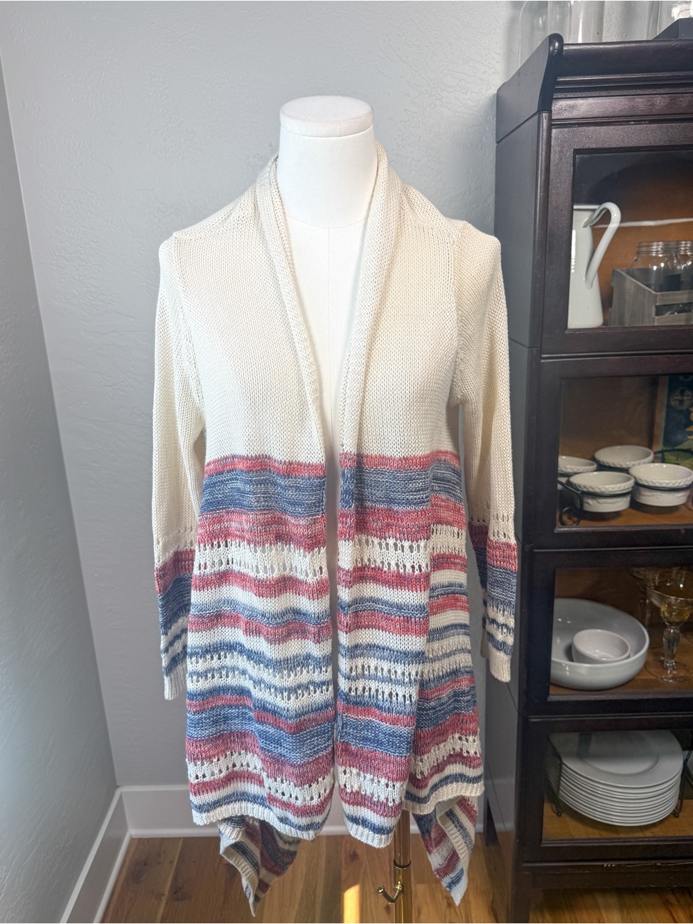 Sun & Shadow Open Front Cardigan Striped Boho Coastal Duster Sweater Size S